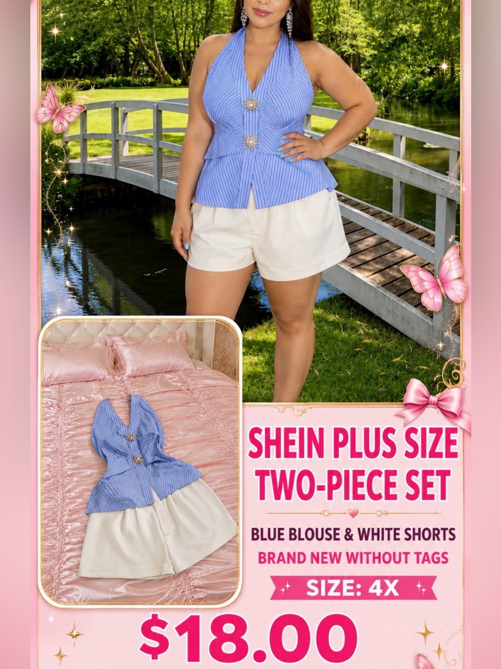 SHEIN Blue Striped Peplum Blouse & White Shorts Two-Piece Set